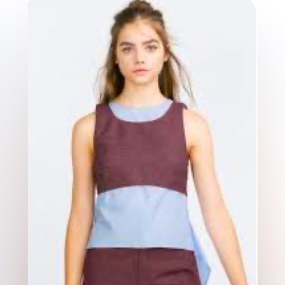 Zara Trafaluc One-piece Layered Light Blue and Brown Blouse - Picture 1 of 12